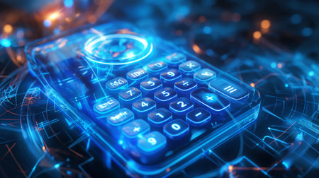 A glowing, transparent digital calculator with a holographic interface, set against a high-tech, blue-lit background.の素材