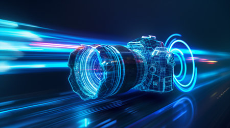 A digital camera rendered in neon blue wireframe, surrounded by dynamic light trails, symbolizing speed and technology.の素材