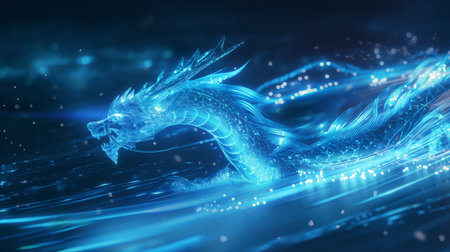 A luminous blue dragon with intricate details glides through a dark, ethereal digital space, emitting a magical aura.の素材