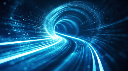 A glowing blue tunnel with streaks of light, creating a sense of speed and futuristic motion.の素材