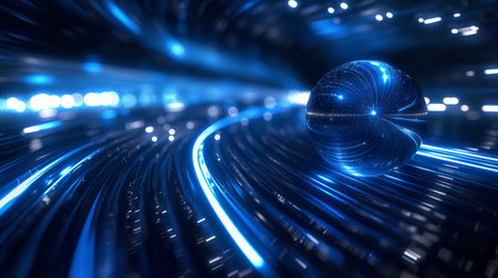 A glowing blue sphere floats in a dynamic tunnel of light streaks, creating a futuristic ambiance.の素材