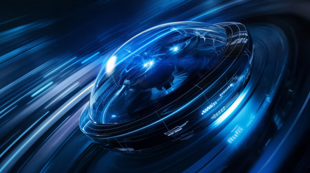 A sleek, glowing blue sphere with intricate designs and lights, moving swiftly through a dark, high-tech environment.の素材
