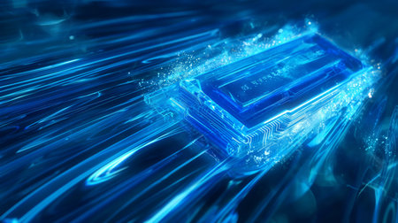 A glowing blue microchip surrounded by dynamic, flowing light trails, symbolizing high-speed data transfer.の素材