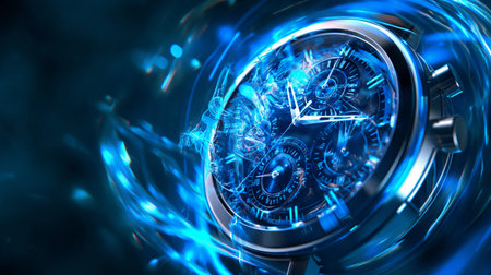 A close-up of a futuristic blue chronograph watch with intricate dials and glowing accents, surrounded by dynamic blue energy waves.の素材