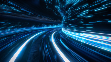 A dynamic, glowing blue tunnel with streaks of light, creating a sense of high-speed motion and futuristic travel.の素材