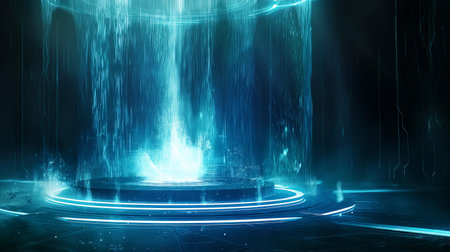 A glowing blue holographic waterfall cascades onto a circular platform in a dark, futuristic room.の素材