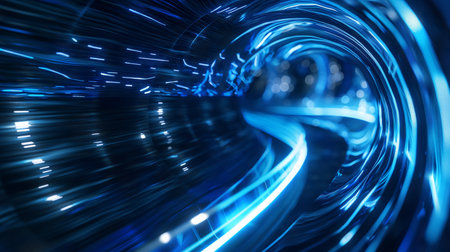 A dynamic, swirling tunnel of blue light streaks, creating a sense of high-speed motion and futuristic energy.の素材