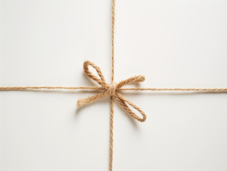 A close-up of a simple brown twine tied into a bow on a white background, forming a cross patternの素材