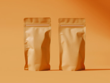 Two brown stand-up pouches with zip locks are displayed against an orange background, casting soft shadowsの素材