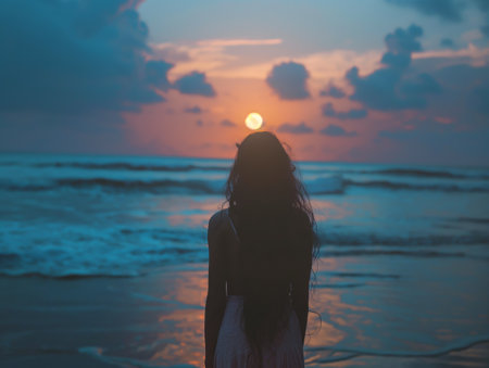 A woman with long hair stands on the beach, gazing at the sunset over the ocean, with waves gently crashingの素材