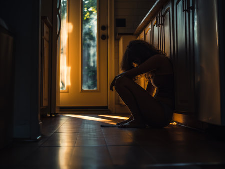 A woman sits on the kitchen floor, silhouetted by sunlight streaming through a door, creating a contemplative moodの素材