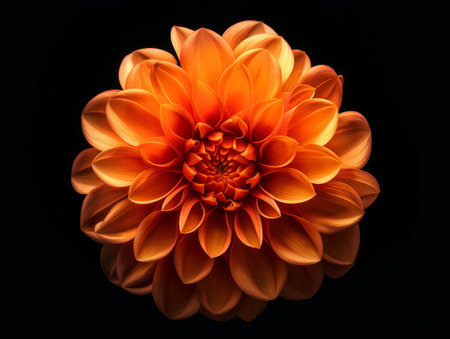 A vibrant orange dahlia flower with intricate petals is set against a stark black background, highlighting its beautyの素材