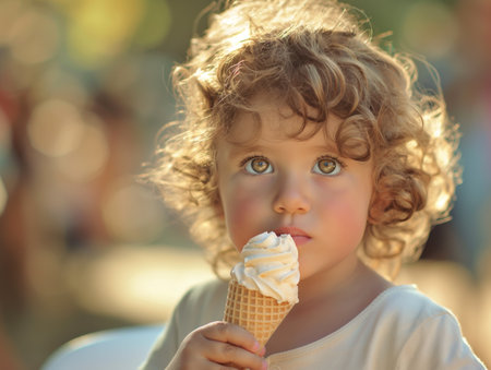 A young child with curly hair gazes thoughtfully while holding an ice cream cone, with a soft, blurred backgroundの素材