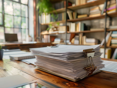 A large stack of papers clipped together sits on a wooden desk in a sunlit office with bookshelvesの素材