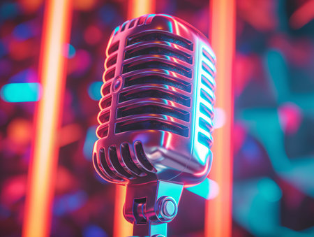 A close-up of a vintage microphone illuminated by vibrant neon lights, creating a colorful and dynamic backgroundの素材