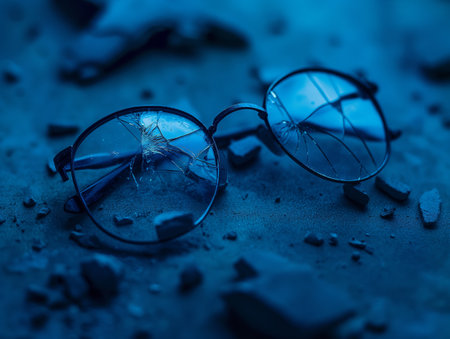 A pair of round glasses with shattered lenses lies on a dusty surface, surrounded by small debris, bathed in blue lightの素材