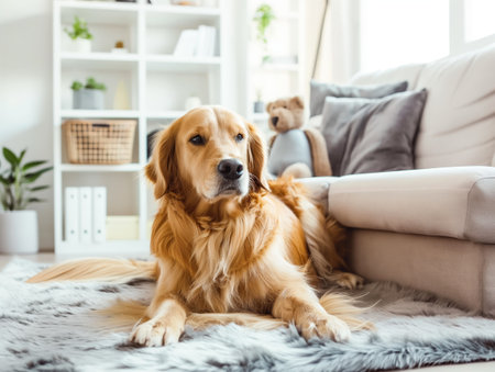 A golden retriever lies on a fluffy rug in a bright, cozy living room with a white sofa and shelvesの素材