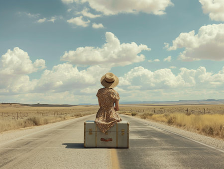 A woman in a floral dress and straw hat sits on a suitcase in the middle of a deserted road, surrounded by vast open plains and a sky filled with fluffy cloudsの素材