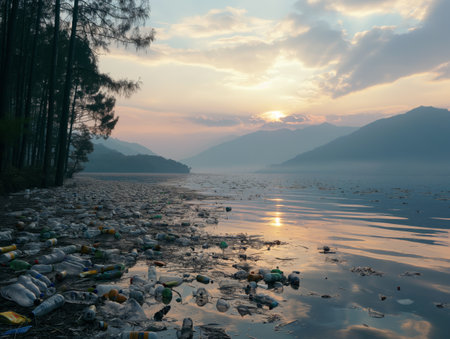 A serene sunset over a lake marred by plastic bottles and debris along the shore, with trees and mountains in the backgroundの素材