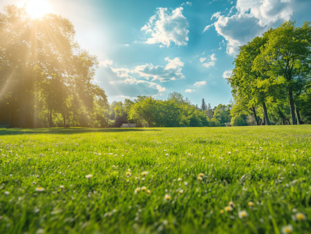 A sunlit park with vibrant green grass, scattered flowers, and tall trees under a bright blue sky with fluffy cloudsの素材