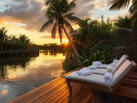 A tranquil sunset over a tropical lake with palm trees, a wooden deck, and cushioned loungers adorned with rolled towelsの素材