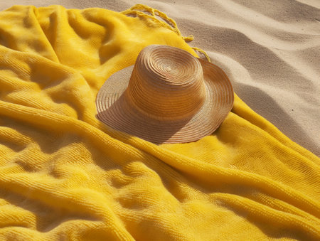 A straw hat rests on a bright yellow blanket spread out on sandy beach, capturing a sunny, relaxed vibeの素材