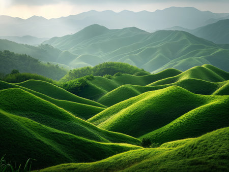 Lush, green hills roll gently under a soft, diffused light, with distant mountains fading into the mistの素材