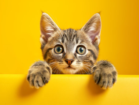 A tabby kitten with blue eyes peeks over a bright yellow surface, its paws resting on the edgeの素材