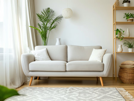 A bright living room features a light gray sofa, white pillows, a tall green plant, and a wooden shelf with potted plants and decor items A patterned rug covers the wooden floorの素材