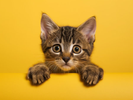 A wide-eyed tabby kitten with large ears and paws peeks over a bright yellow surface, creating a striking contrastの素材
