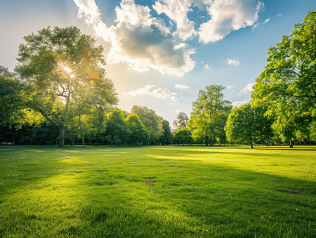 A serene park with vibrant green grass and tall trees, bathed in warm sunlight The sky is partly cloudy, adding depth to the tranquil sceneの素材