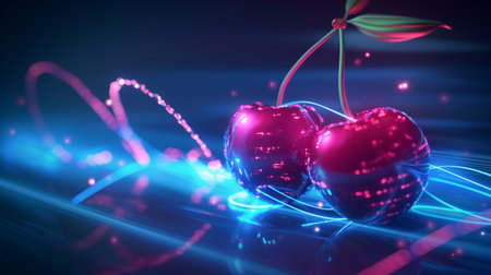 Two vibrant cherries with neon light trails against a dark, futuristic background, creating a dynamic and glowing effect.の素材