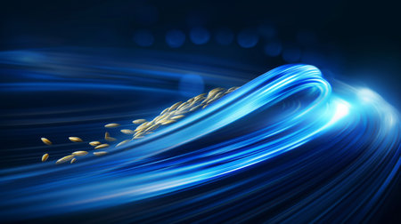 Golden seeds float on a dynamic, flowing blue light background, creating a sense of motion and energy.の素材