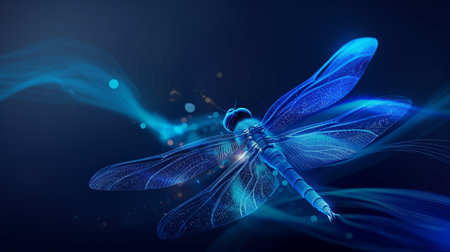 A luminous blue dragonfly with intricate wings hovers against a dark, ethereal background with glowing particles.の素材