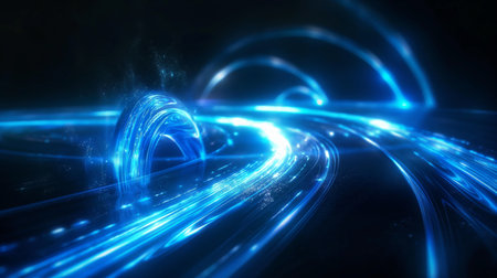 Glowing blue light trails curve and twist in a dark, abstract space, creating a futuristic and dynamic visual effect.の素材