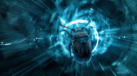 A detailed, futuristic beetle is depicted in a digital vortex with blue light trails, creating a sci-fi atmosphere.の素材