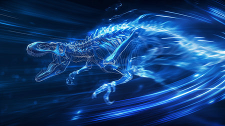 A glowing blue dinosaur skeleton appears to be in motion, surrounded by dynamic light trails.の素材