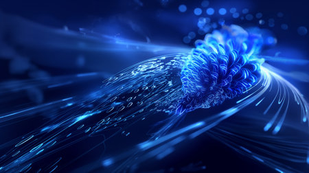 A vibrant, bioluminescent abstract image featuring intricate blue patterns and flowing lines against a dark background.の素材