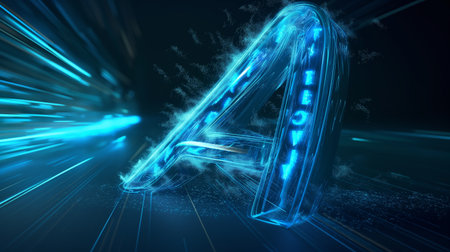 A glowing blue number 4 with a futuristic design, surrounded by dynamic light trails and particles.の素材