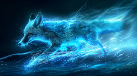 A fox with a glowing blue aura runs swiftly, leaving trails of light in a dark, mystical environment.の素材