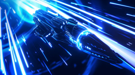 A sleek, futuristic spaceship travels at high speed through a vibrant blue hyperspace tunnel, leaving streaks of light in its wake.の素材