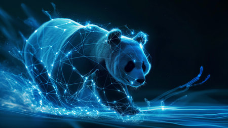 A panda bear is depicted with glowing blue neon lines and nodes, creating a digital network effect against a dark background.の素材