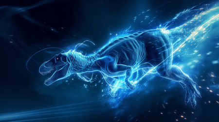 A luminous, blue digital rendering of a dinosaur in motion, set against a dark background with light trails.の素材