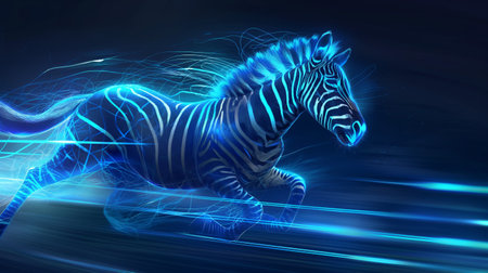 A glowing neon zebra runs through a dark, futuristic landscape, leaving trails of blue light.の素材
