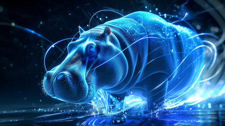A glowing, blue neon hippo stands in a futuristic, digital environment with swirling light trails.の素材