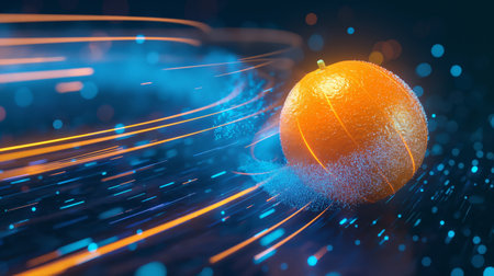 A vibrant orange floats amidst dynamic blue and orange light trails, creating a futuristic, digital atmosphere.の素材