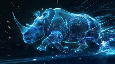 A glowing, neon-blue rhino charges forward in a digital, futuristic environment, leaving trails of light.の素材