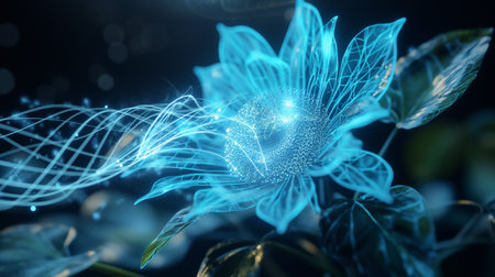A luminous blue flower with intricate digital patterns glows against a dark background, emitting light trails.の素材