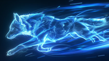 A glowing, neon-blue wolf is depicted in mid-run, with streaks of light trailing behind, creating a dynamic and energetic scene.の素材