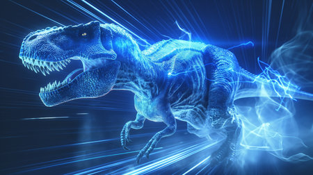 A glowing blue T-Rex charges forward, surrounded by dynamic light trails and energy streaks.の素材